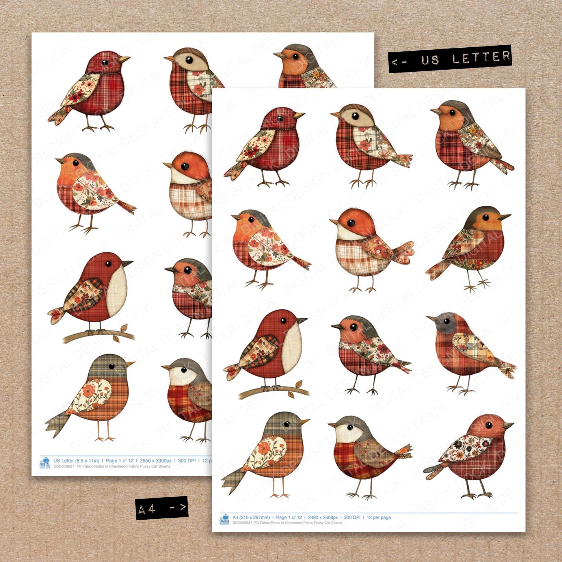 A4 and US Letter format comparison showing Fabric Robin in Checkered Fabric fussy cut pages for print and cut crafting