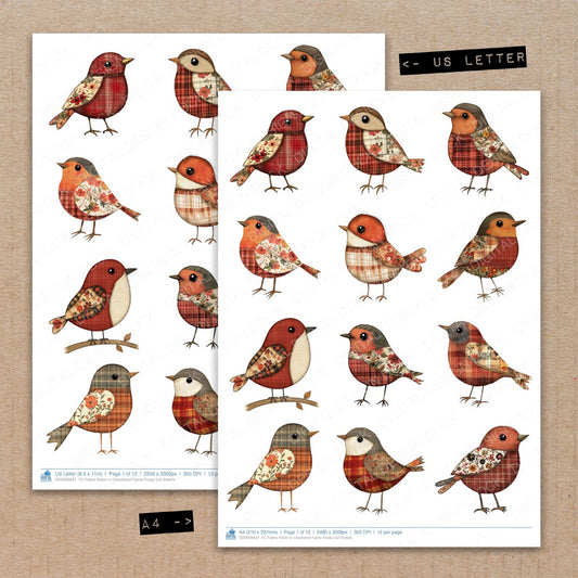 A4 and US Letter format comparison showing Fabric Robin in Checkered Fabric fussy cut pages for print and cut crafting