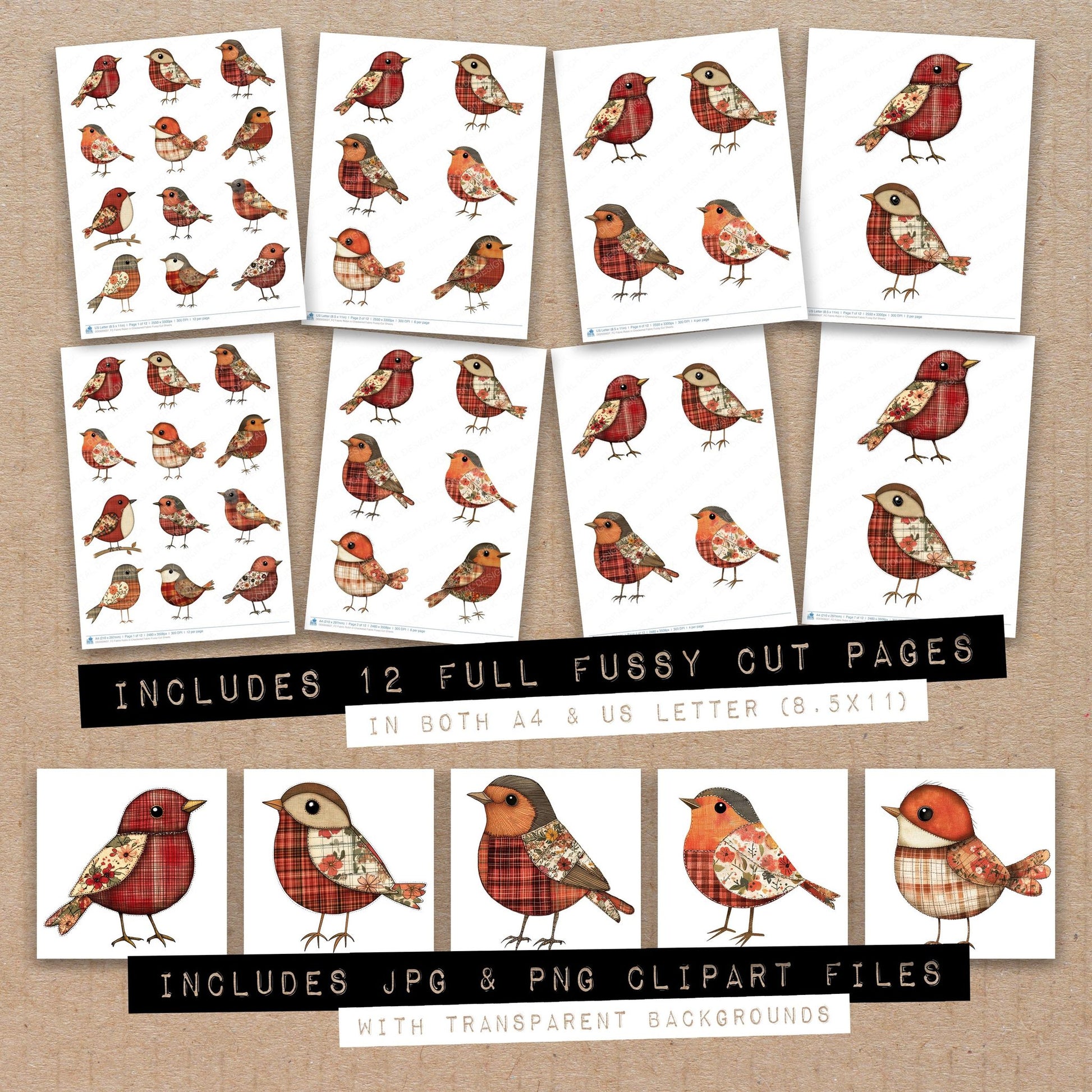 Full collection view of Fabric Robin in Checkered Fabric fussy cut sheets with bonus clipart JPG and PNG files