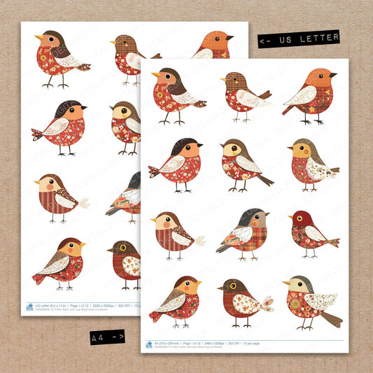 A4 and US Letter format comparison showing Fabric Robin with Lace Wing fussy cut pages for print and cut crafting