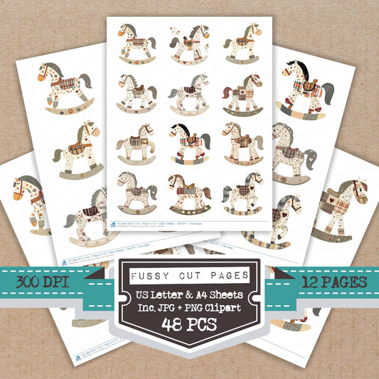 Fabric Rocking Horse fussy cut printable sheets for junk journaling, scrapbooking, and paper craft projects