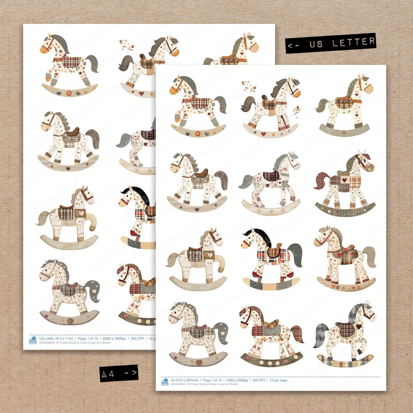 A4 and US Letter format comparison showing Fabric Rocking Horse fussy cut pages for print and cut crafting