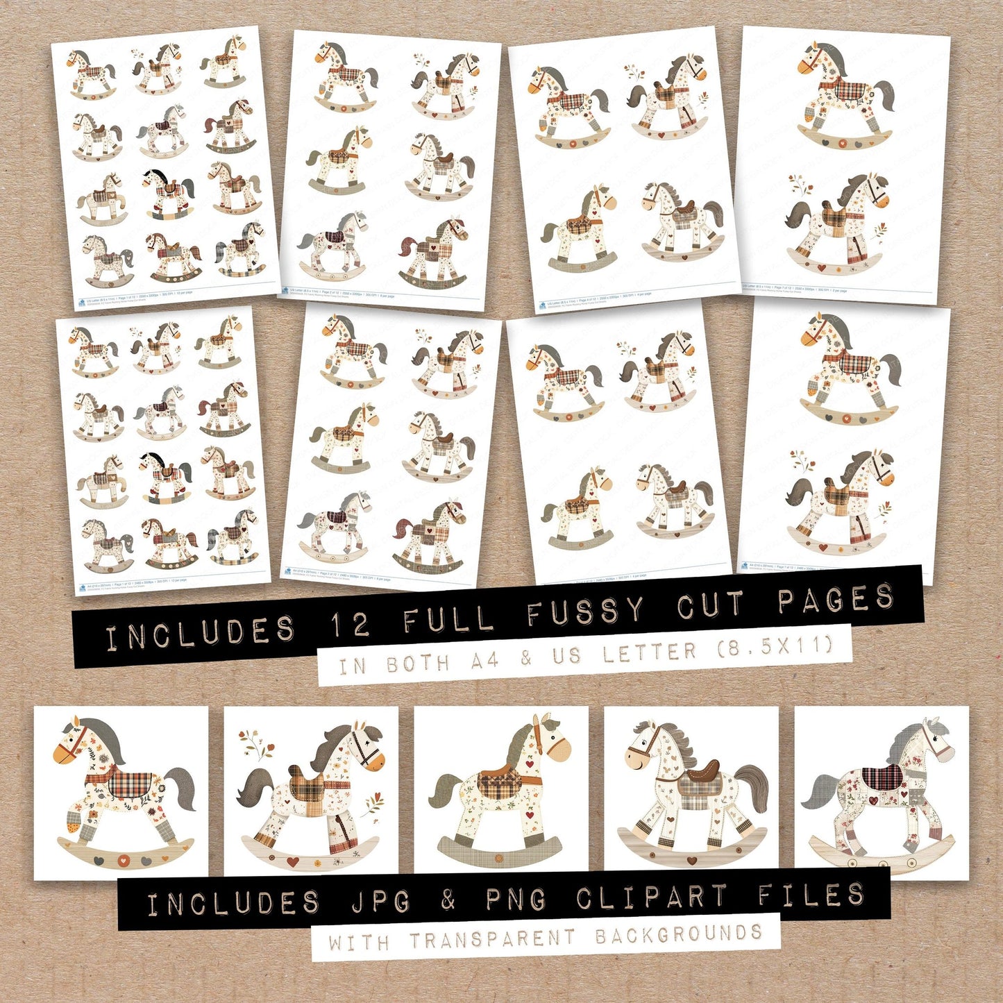 Full collection view of Fabric Rocking Horse fussy cut sheets with bonus clipart JPG and PNG files