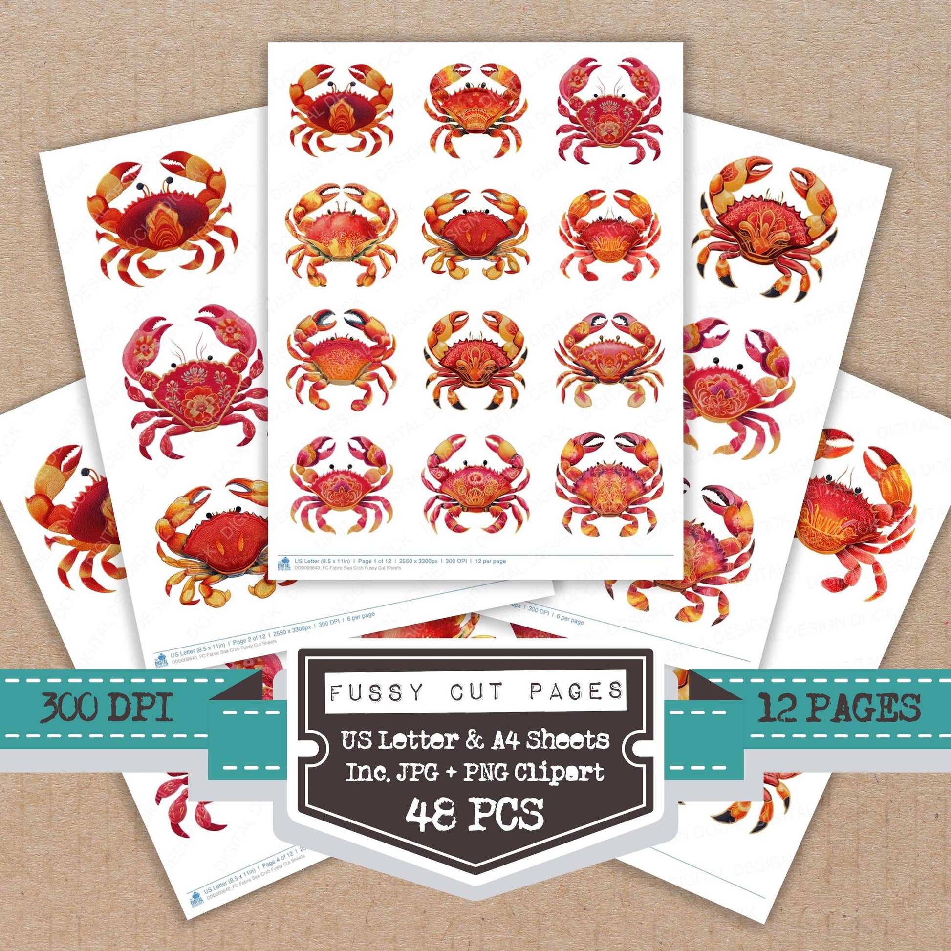 Fabric Sea Crab fussy cut printable sheets for junk journaling, scrapbooking, and paper craft projects