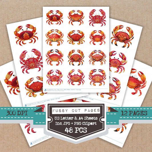 Fabric Sea Crab fussy cut printable sheets for junk journaling, scrapbooking, and paper craft projects