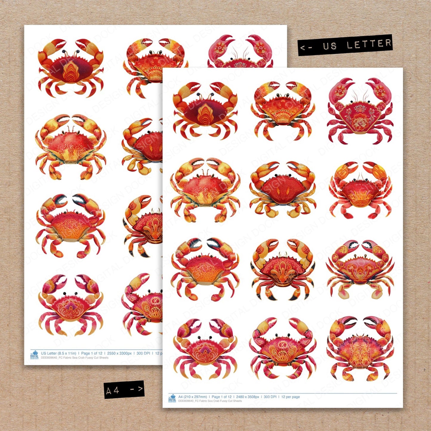 A4 and US Letter format comparison showing Fabric Sea Crab fussy cut pages for print and cut crafting