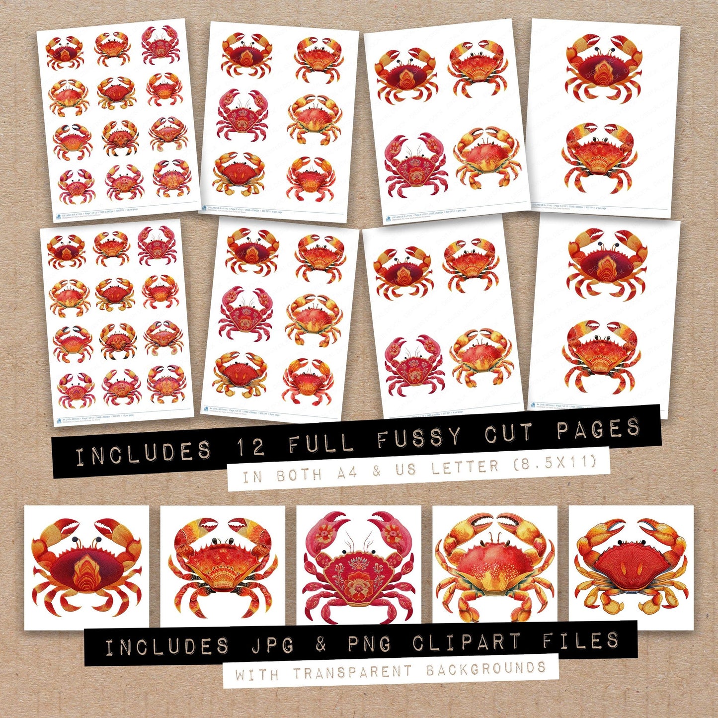 Full collection view of Fabric Sea Crab fussy cut sheets with bonus clipart JPG and PNG files