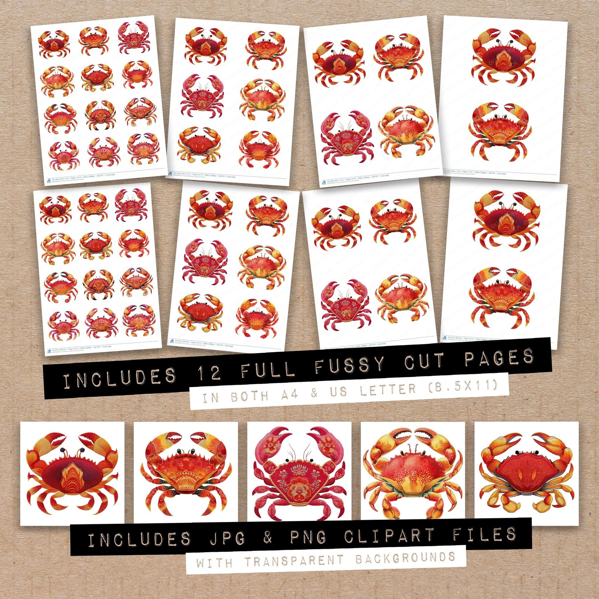 Full collection view of Fabric Sea Crab fussy cut sheets with bonus clipart JPG and PNG files