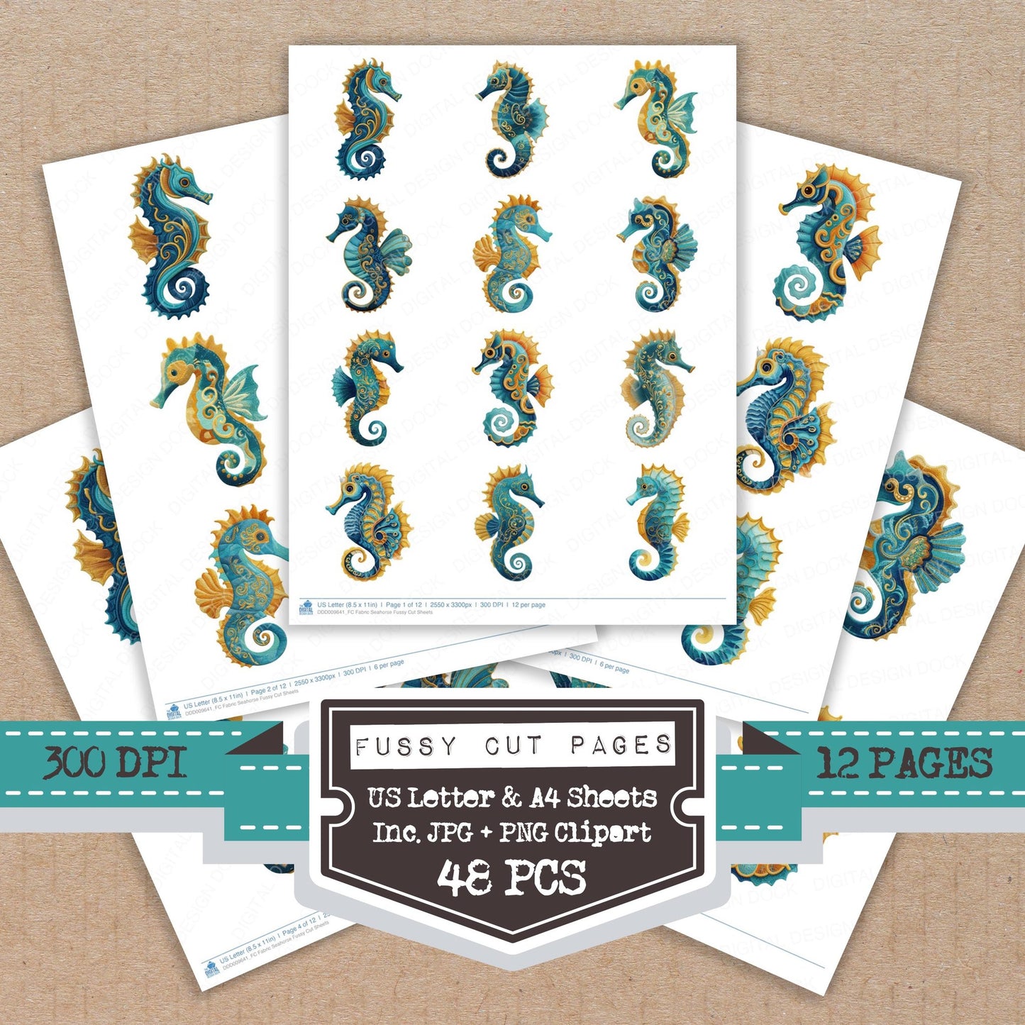 Fabric Seahorse fussy cut printable sheets for junk journaling, scrapbooking, and paper craft projects