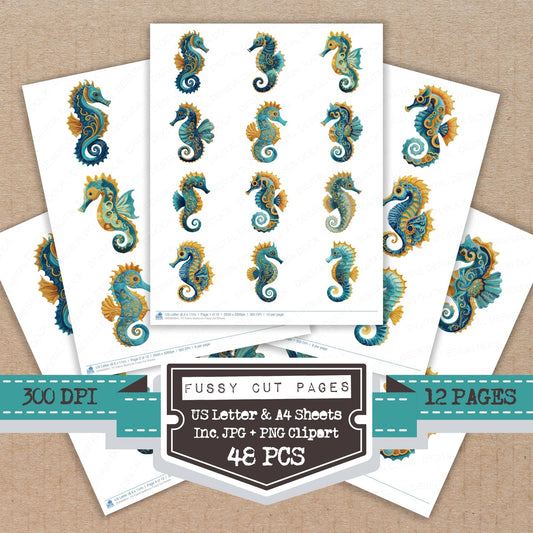 Fabric Seahorse fussy cut printable sheets for junk journaling, scrapbooking, and paper craft projects