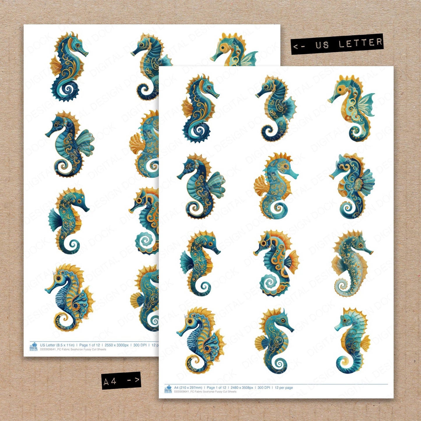 A4 and US Letter format comparison showing Fabric Seahorse fussy cut pages for print and cut crafting