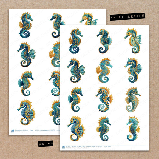 A4 and US Letter format comparison showing Fabric Seahorse fussy cut pages for print and cut crafting