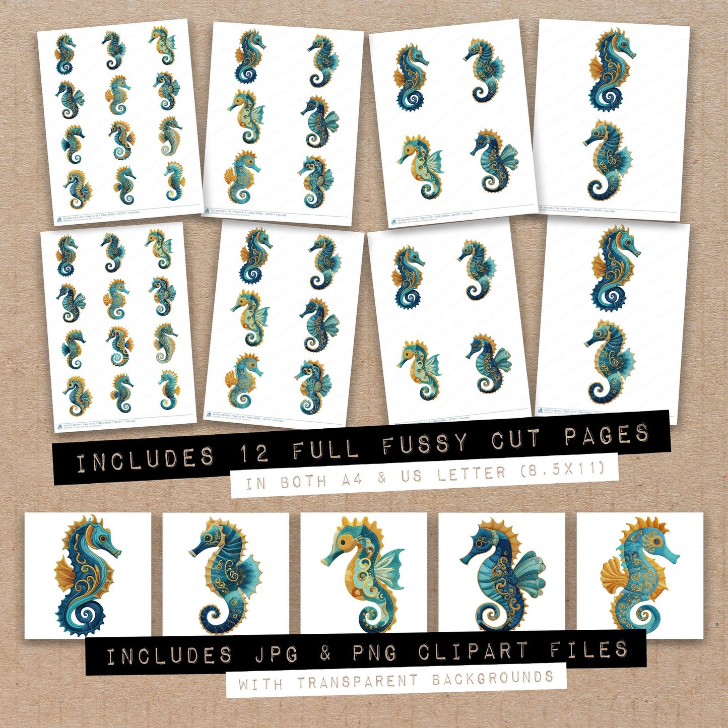 Full collection view of Fabric Seahorse fussy cut sheets with bonus clipart JPG and PNG files