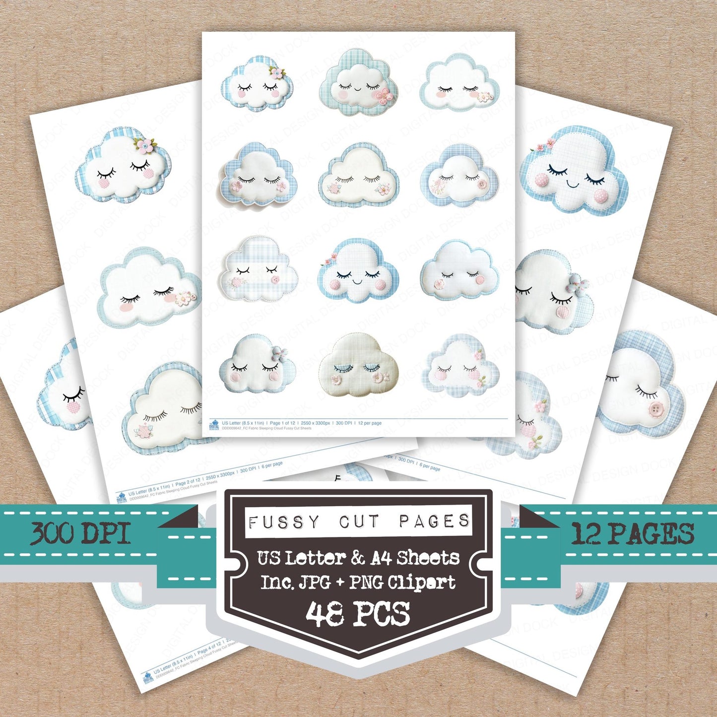 Fabric Sleeping Cloud fussy cut printable sheets for junk journaling, scrapbooking, and paper craft projects