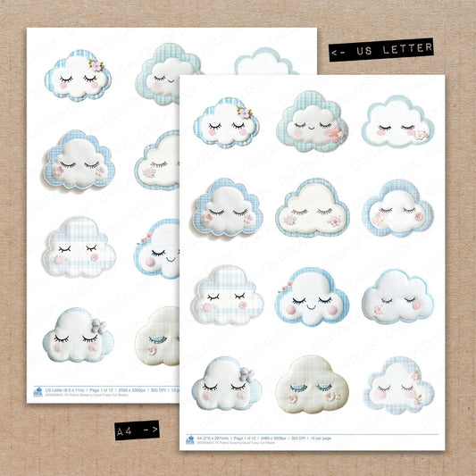 A4 and US Letter format comparison showing Fabric Sleeping Cloud fussy cut pages for print and cut crafting