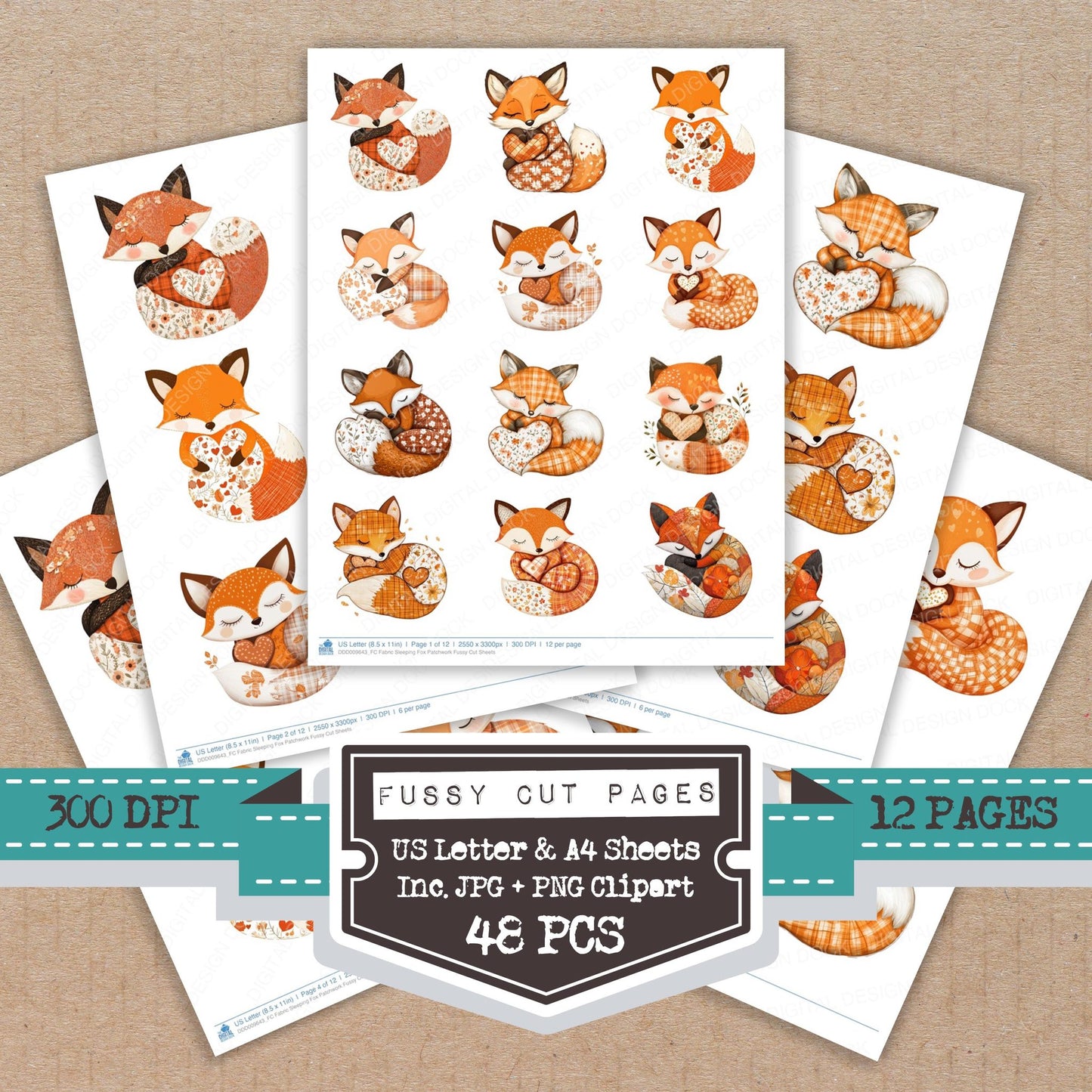 Fabric Sleeping Fox Patchwork fussy cut printable sheets for junk journaling, scrapbooking, and paper craft projects