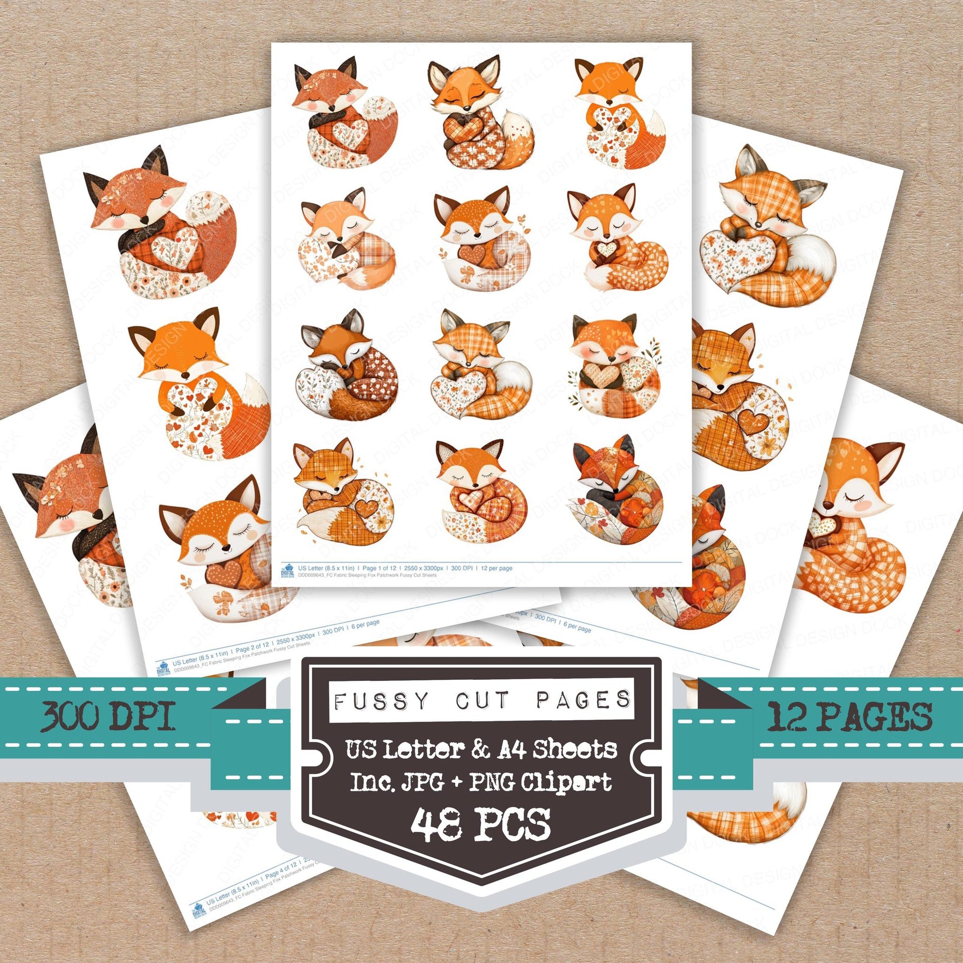 Fabric Sleeping Fox Patchwork fussy cut printable sheets for junk journaling, scrapbooking, and paper craft projects