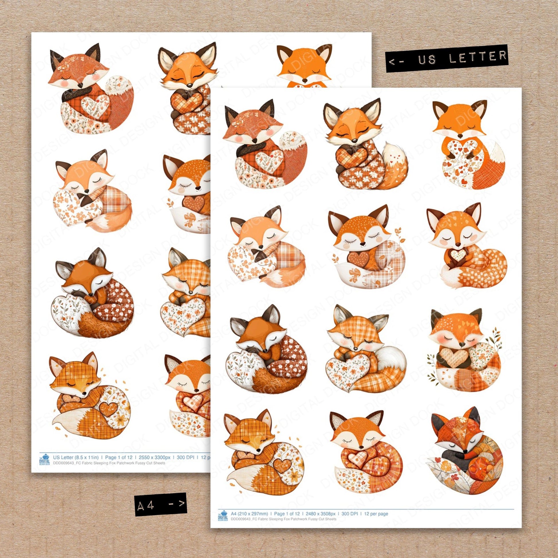 A4 and US Letter format comparison showing Fabric Sleeping Fox Patchwork fussy cut pages for print and cut crafting
