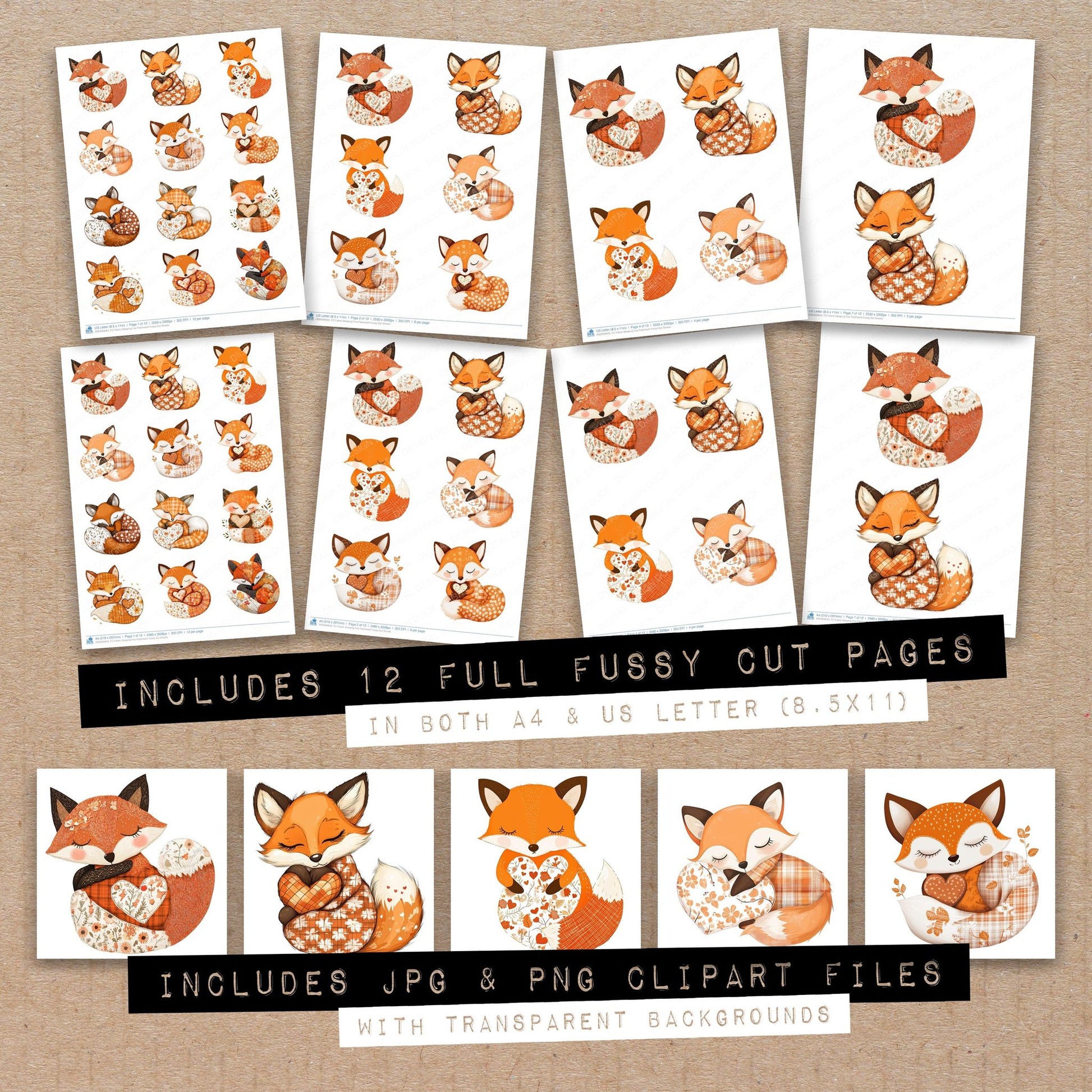 Full collection view of Fabric Sleeping Fox Patchwork fussy cut sheets with bonus clipart JPG and PNG files