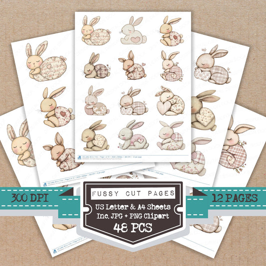 Fabric Sleeping Gingham Bunny fussy cut printable sheets for junk journaling, scrapbooking, and paper craft projects