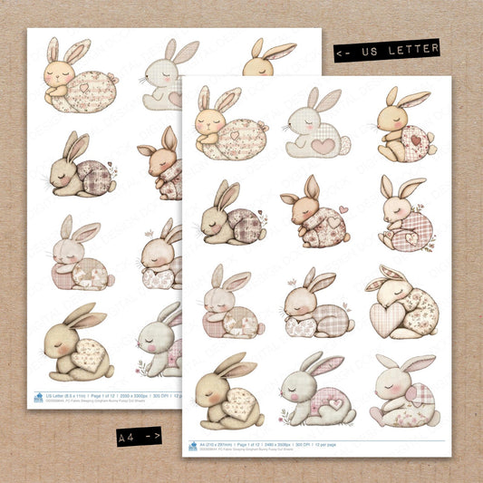 A4 and US Letter format comparison showing Fabric Sleeping Gingham Bunny fussy cut pages for print and cut crafting