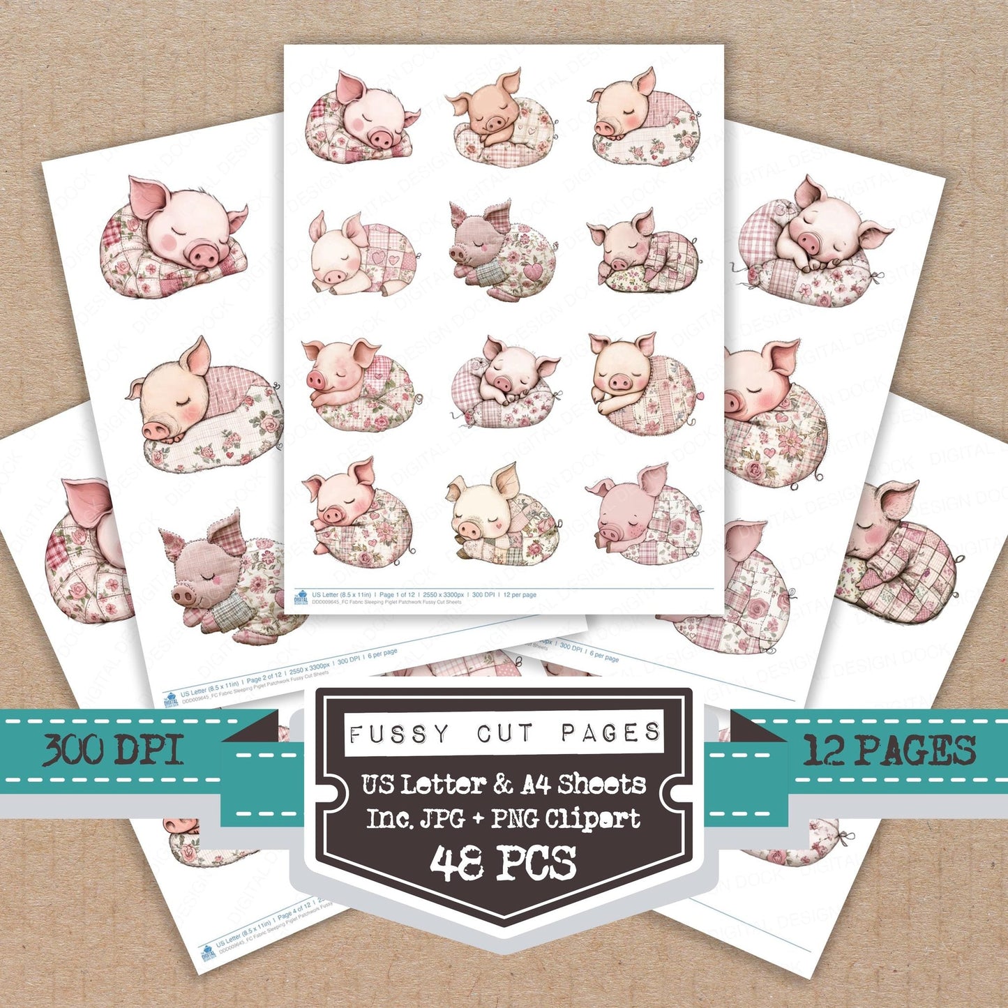 Fabric Sleeping Piglet Patchwork Fussy Cut Sheets (DDD009645)