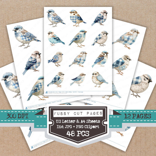 Fabric Sparrow Bird fussy cut printable sheets for junk journaling, scrapbooking, and paper craft projects