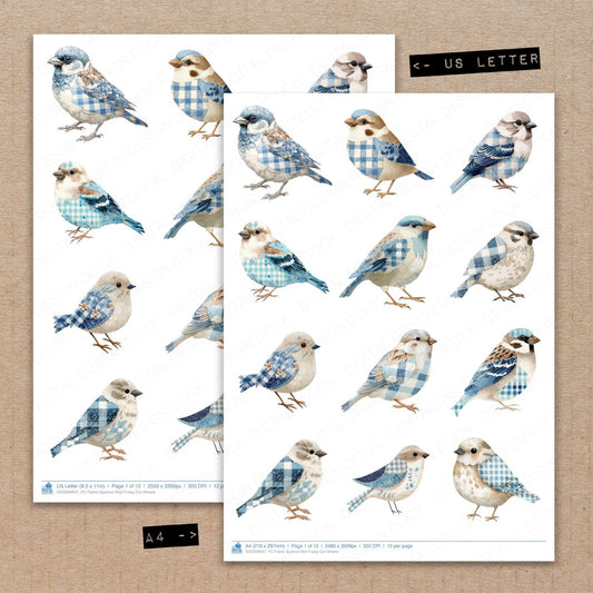 A4 and US Letter format comparison showing Fabric Sparrow Bird fussy cut pages for print and cut crafting