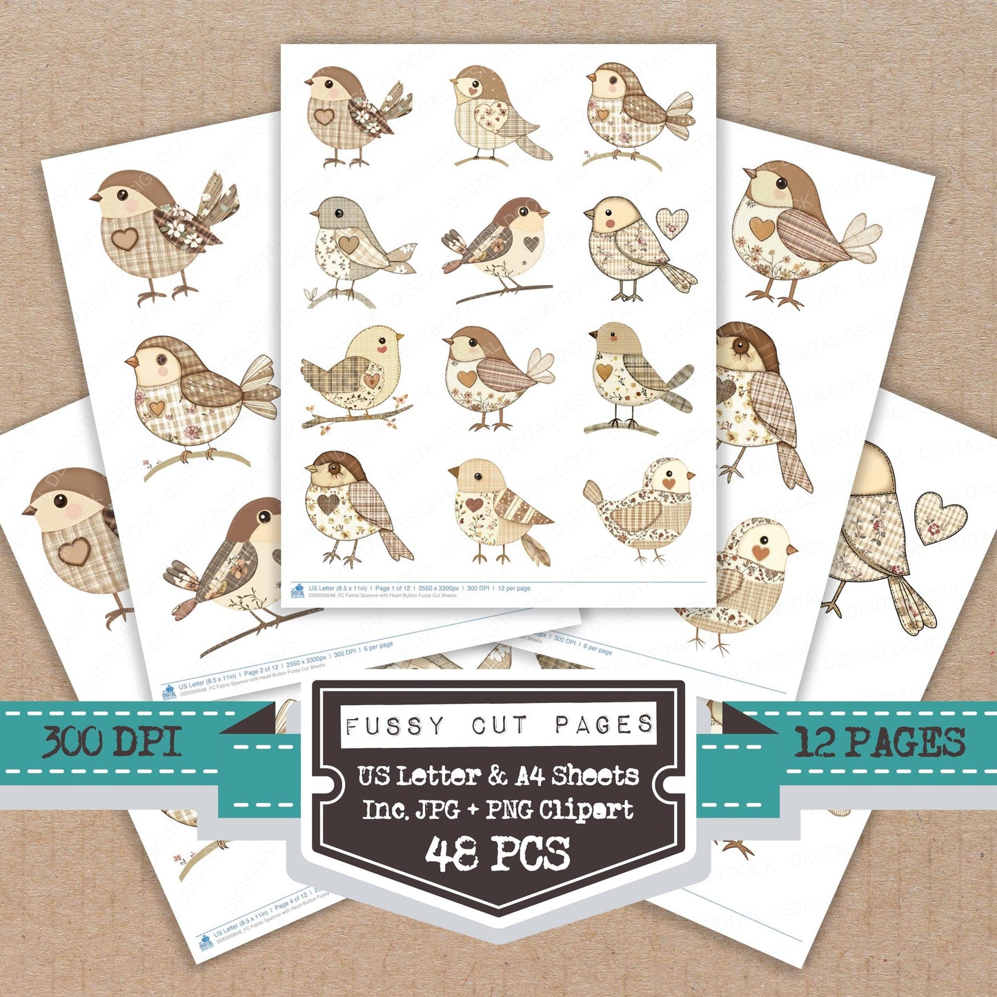 Fabric Sparrow with Heart Button fussy cut printable sheets for junk journaling, scrapbooking, and paper craft projects