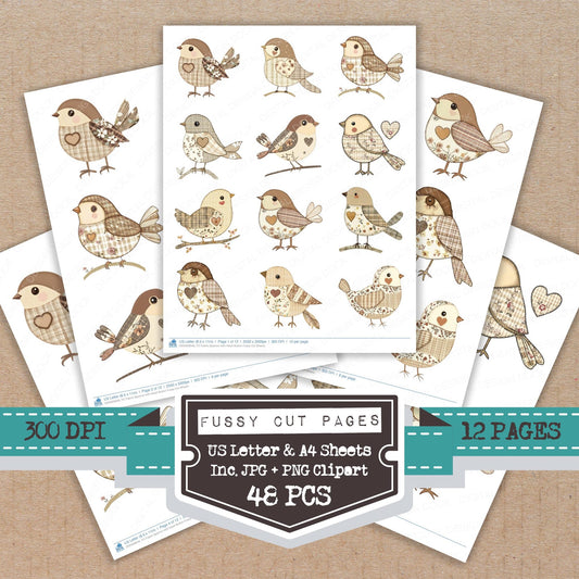 Fabric Sparrow with Heart Button fussy cut printable sheets for junk journaling, scrapbooking, and paper craft projects