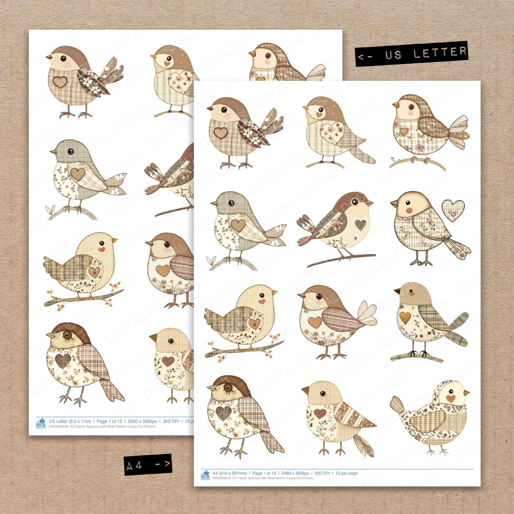 A4 and US Letter format comparison showing Fabric Sparrow with Heart Button fussy cut pages for print and cut crafting