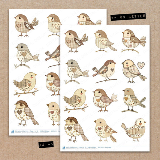 A4 and US Letter format comparison showing Fabric Sparrow with Heart Button fussy cut pages for print and cut crafting