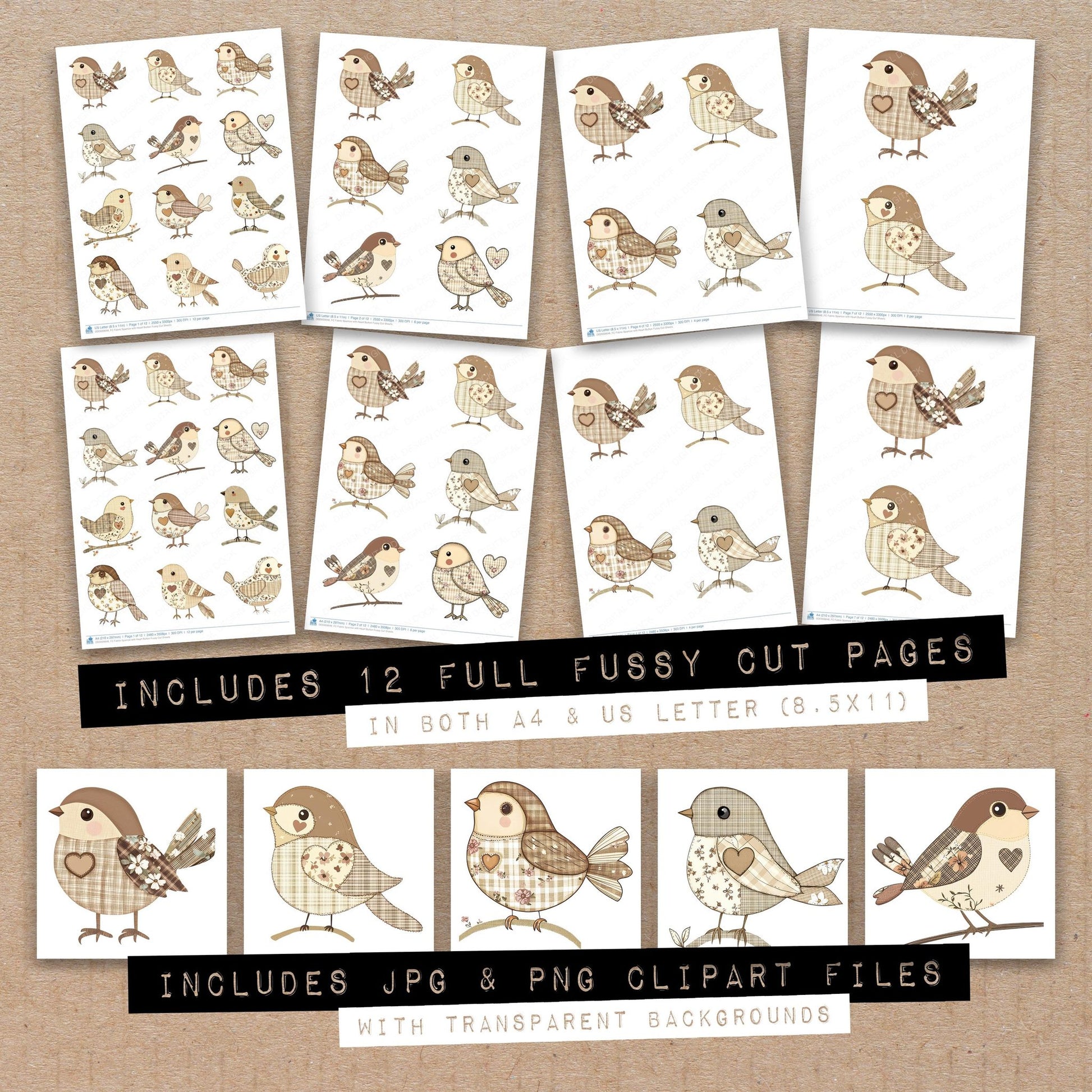 Full collection view of Fabric Sparrow with Heart Button fussy cut sheets with bonus clipart JPG and PNG files
