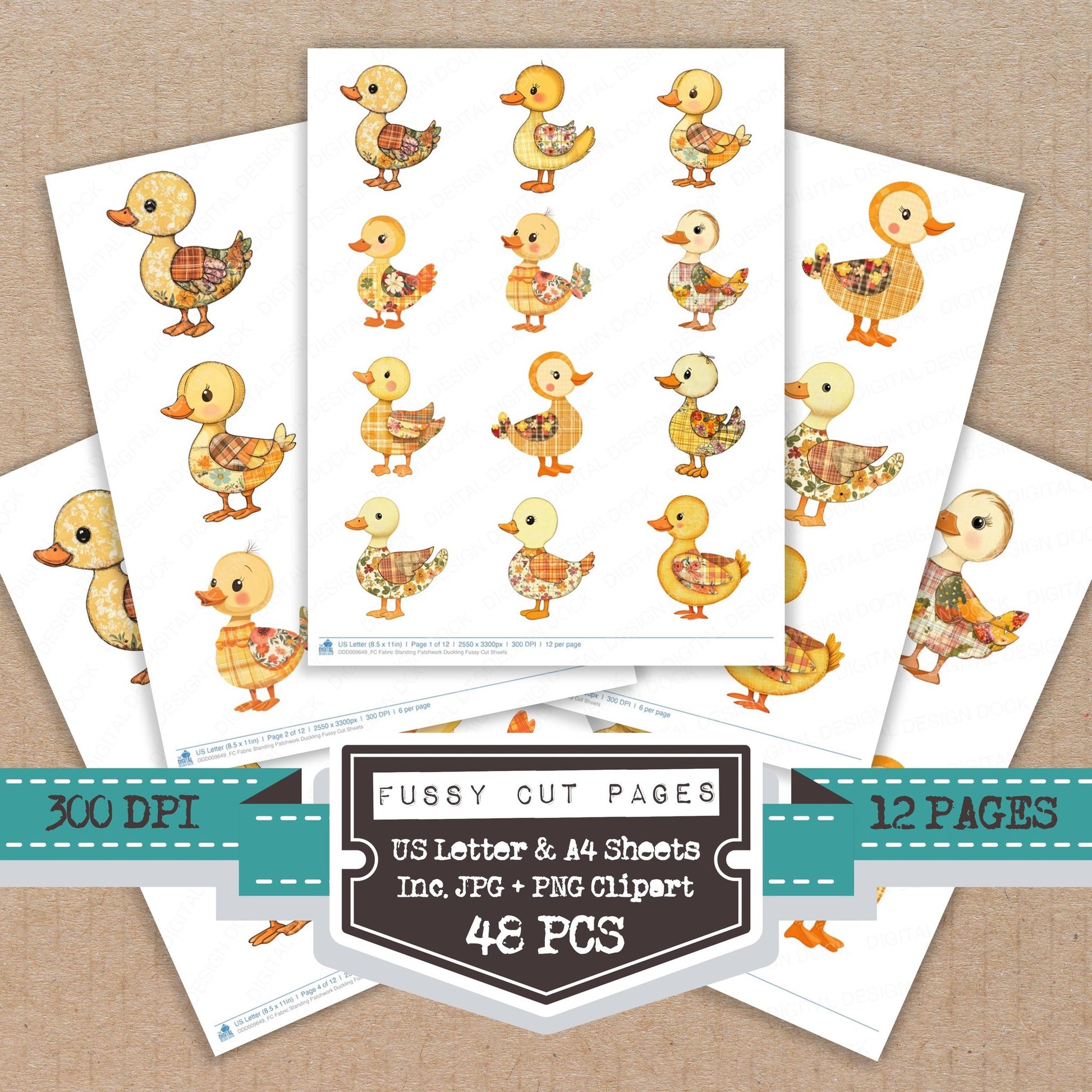 Fabric Standing Patchwork Duckling fussy cut printable sheets for junk journaling, scrapbooking, and paper craft projects