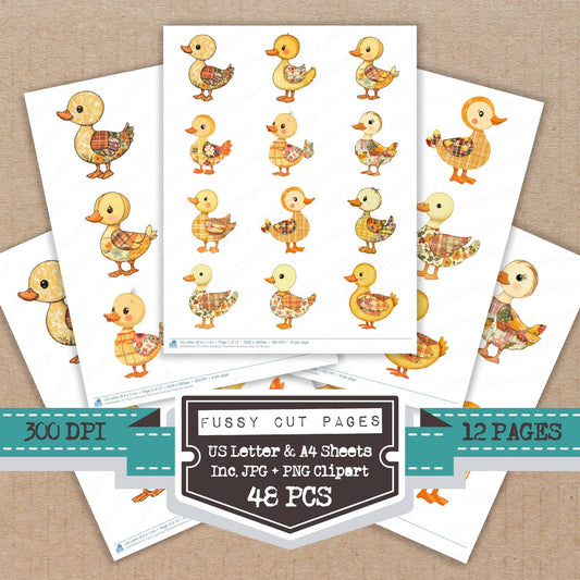Fabric Standing Patchwork Duckling fussy cut printable sheets for junk journaling, scrapbooking, and paper craft projects