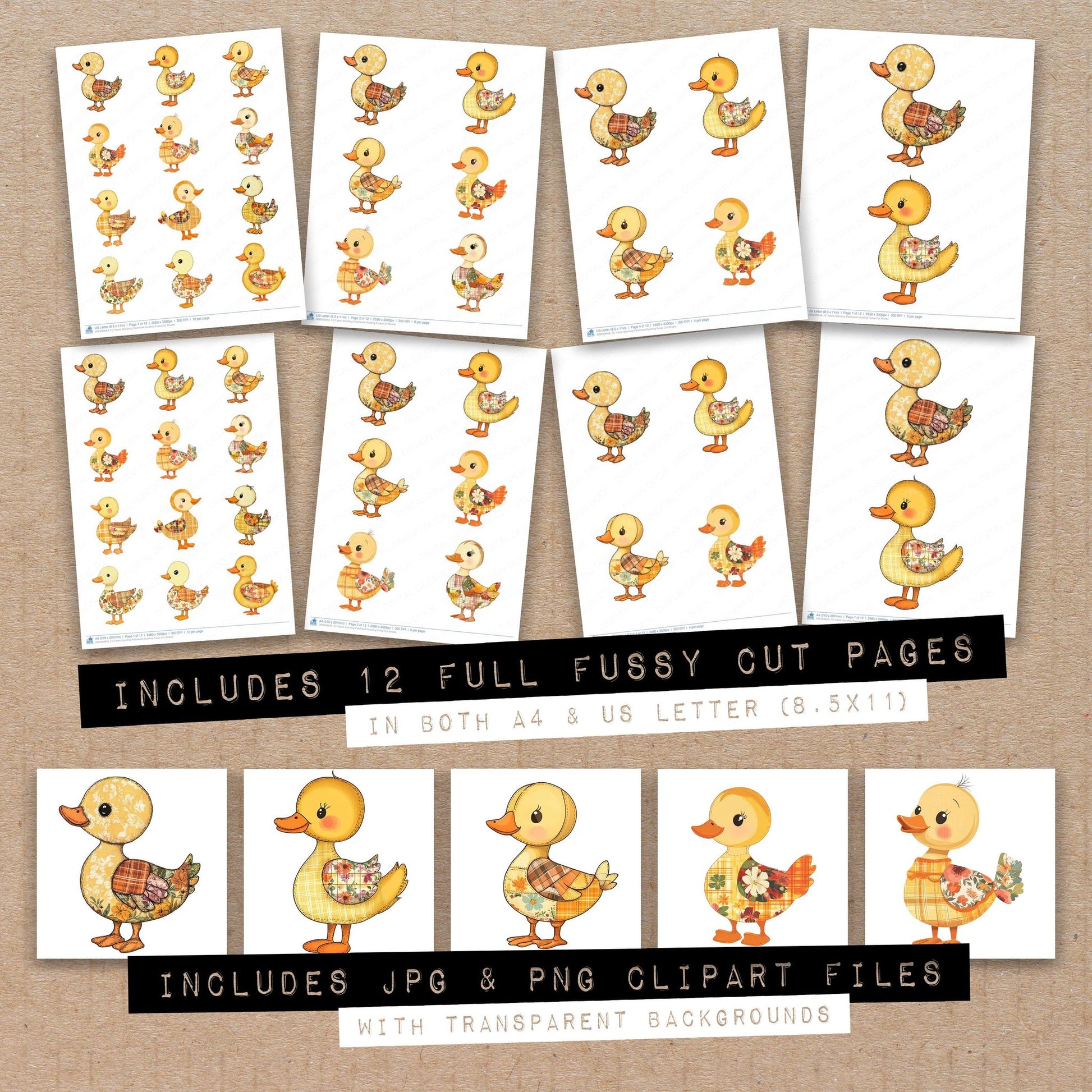 Full collection view of Fabric Standing Patchwork Duckling fussy cut sheets with bonus clipart JPG and PNG files