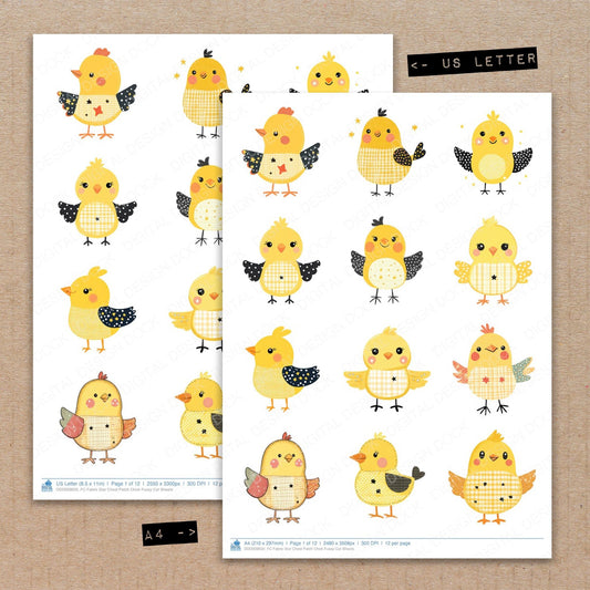A4 and US Letter format comparison showing Fabric Star Chest Patch Chick fussy cut pages for print and cut crafting