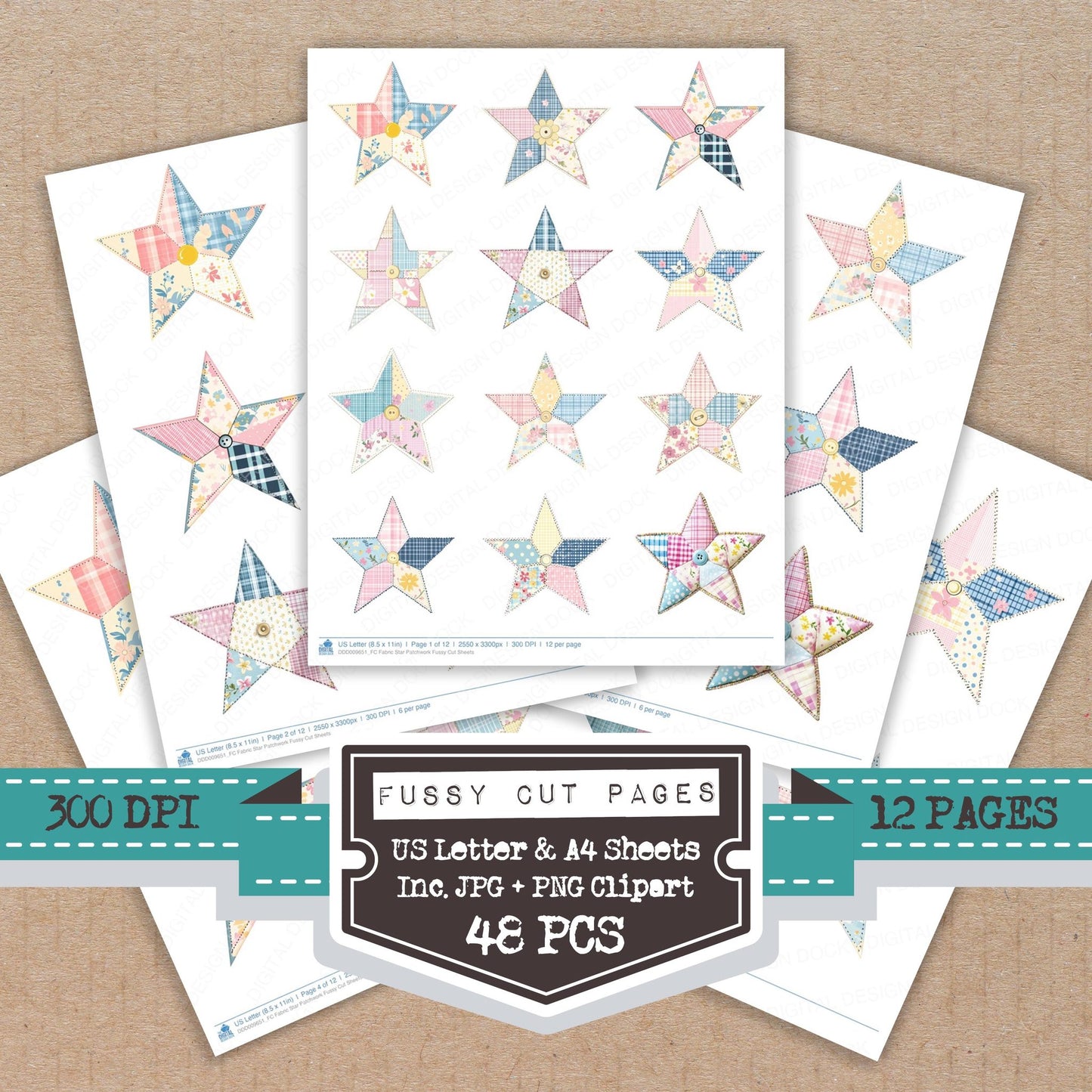 Fabric Star Patchwork fussy cut printable sheets for junk journaling, scrapbooking, and paper craft projects