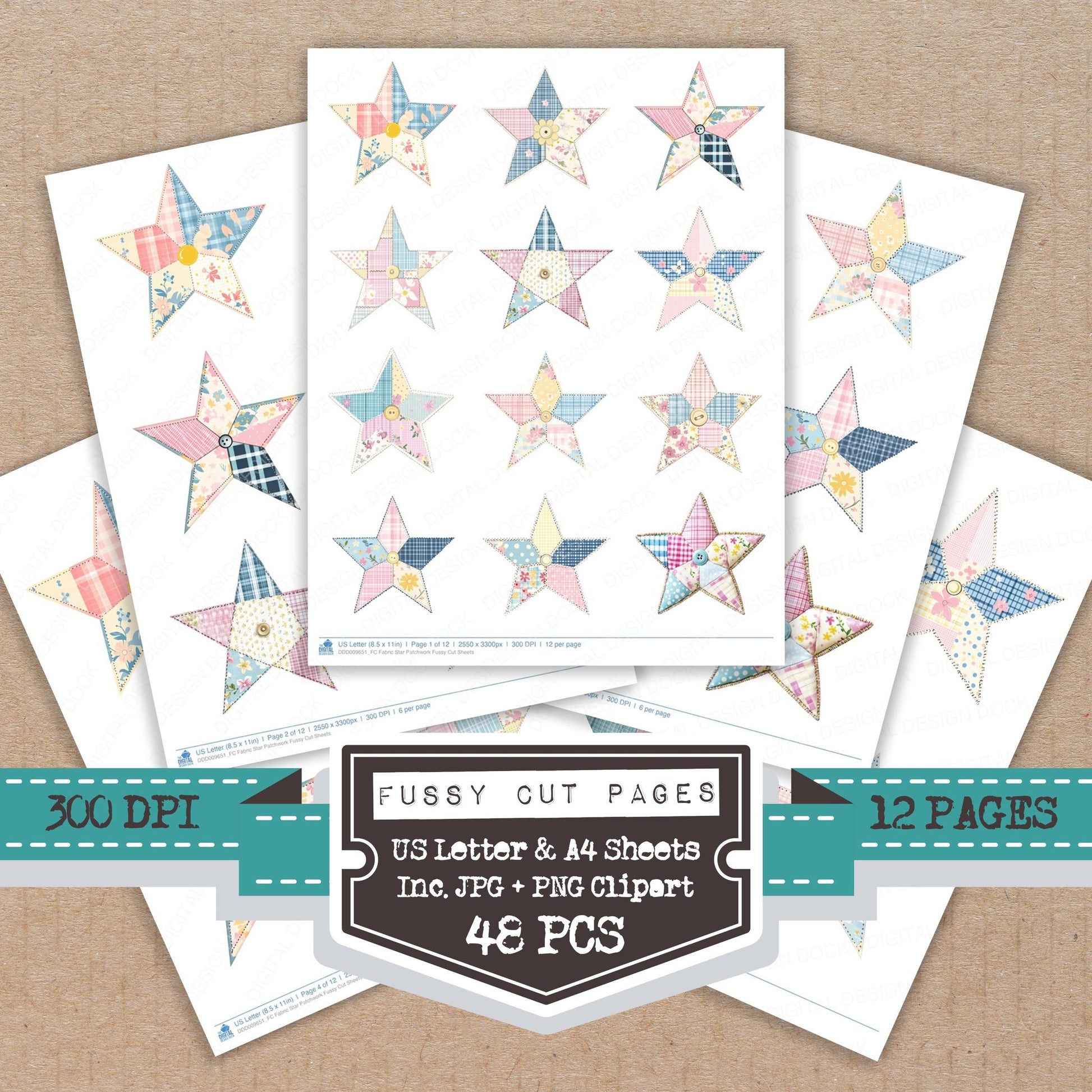 Fabric Star Patchwork fussy cut printable sheets for junk journaling, scrapbooking, and paper craft projects