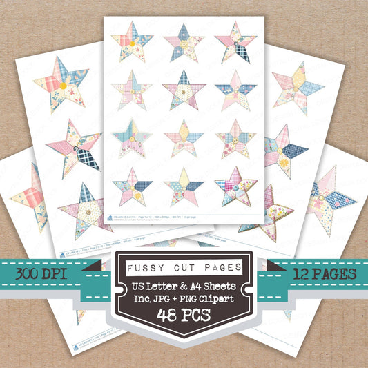 Fabric Star Patchwork fussy cut printable sheets for junk journaling, scrapbooking, and paper craft projects
