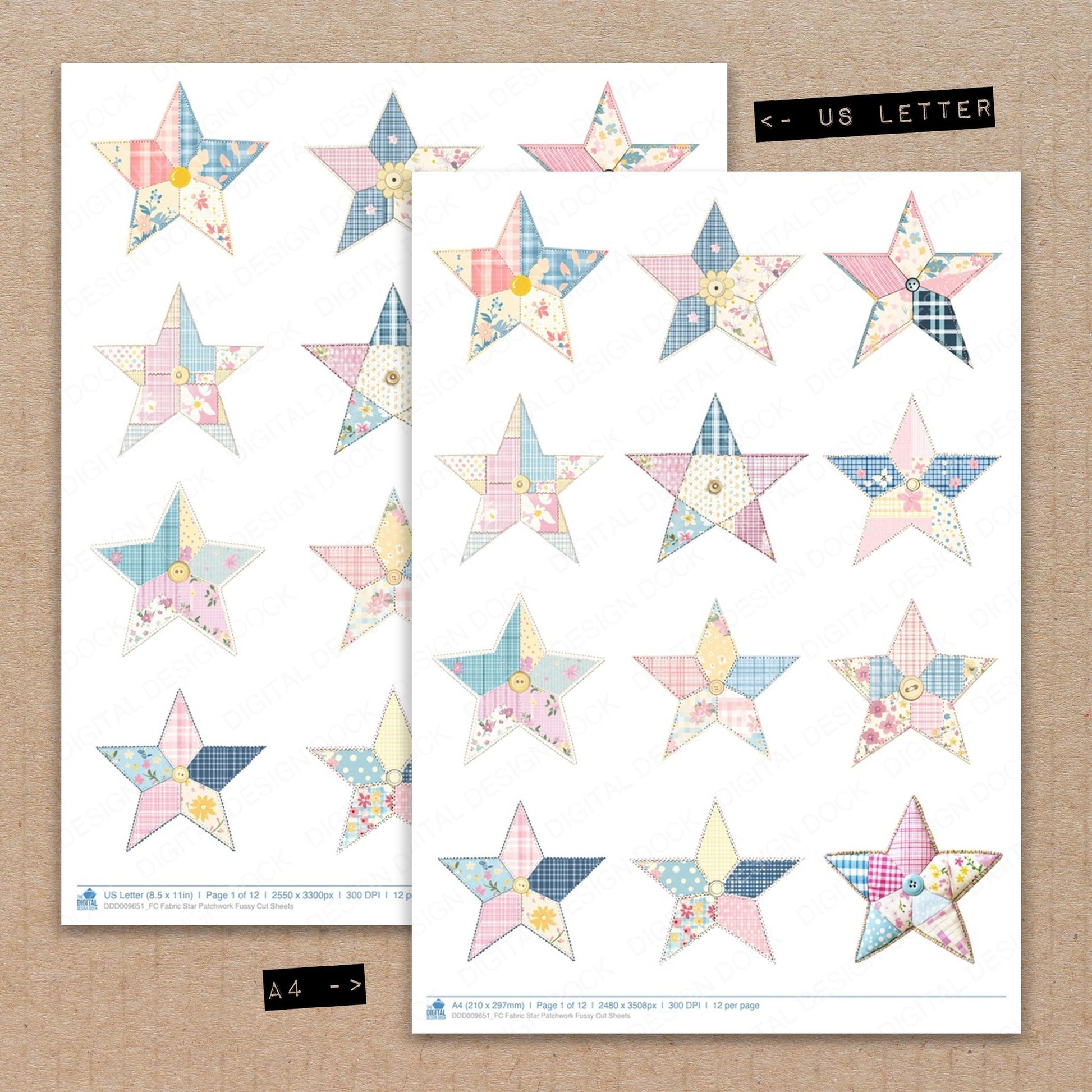 A4 and US Letter format comparison showing Fabric Star Patchwork fussy cut pages for print and cut crafting