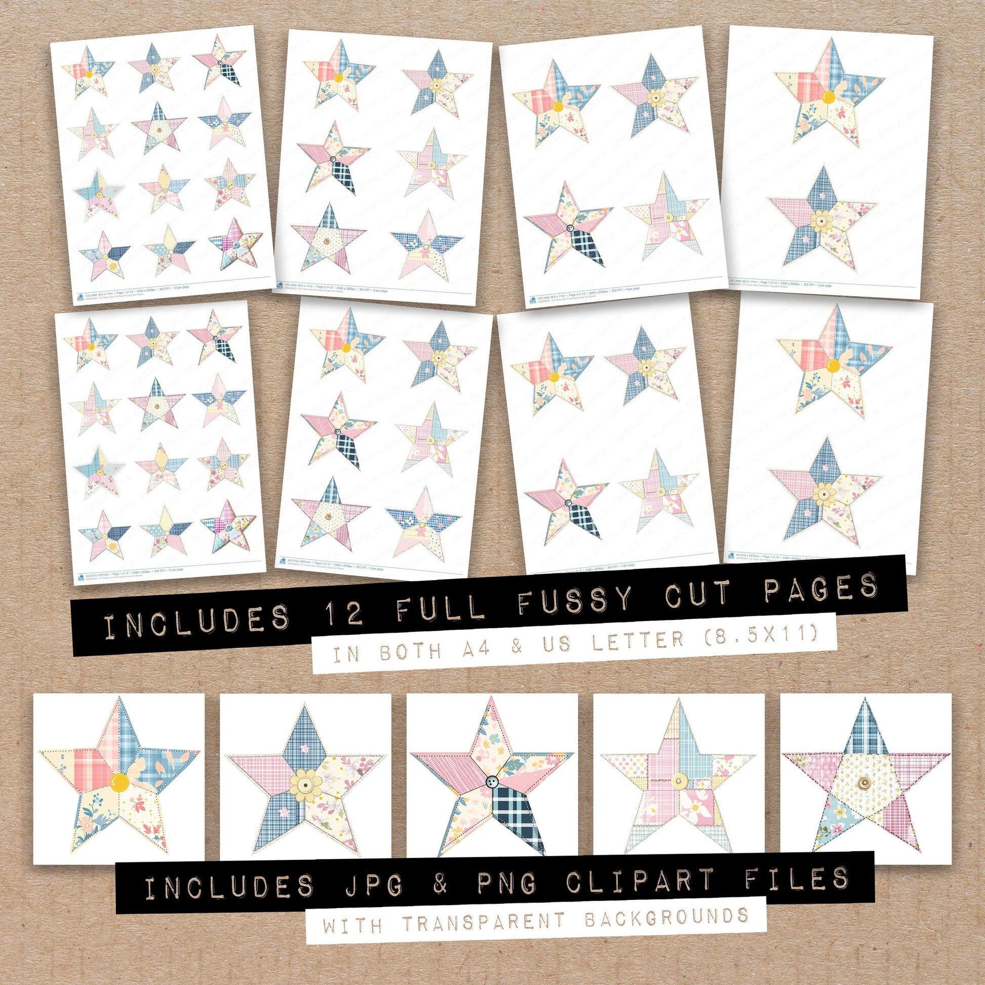 Full collection view of Fabric Star Patchwork fussy cut sheets with bonus clipart JPG and PNG files