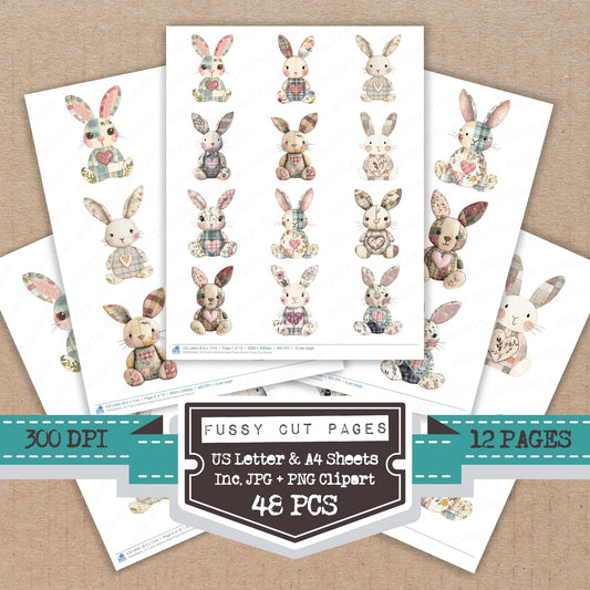 Fabric Stitched Heart Patch Bunny fussy cut printable sheets for junk journaling, scrapbooking, and paper craft projects