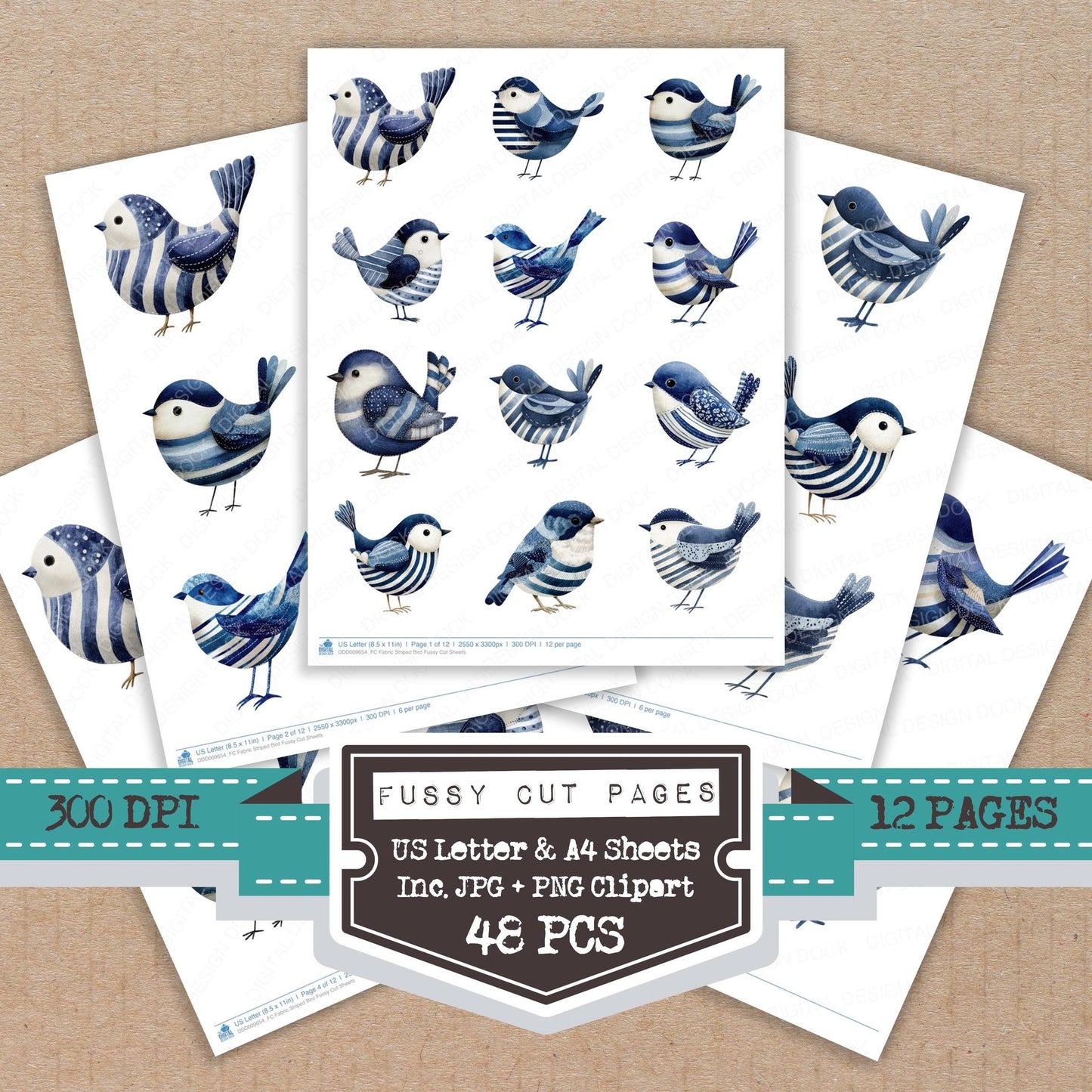 Fabric Striped Bird fussy cut printable sheets for junk journaling, scrapbooking, and paper craft projects