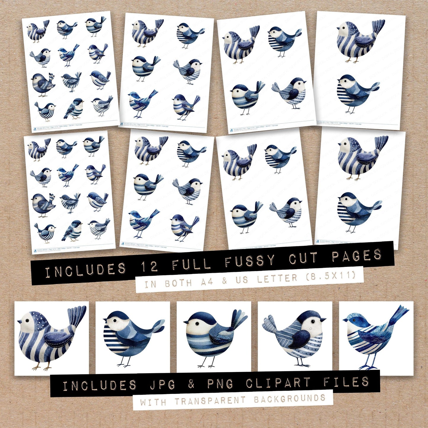 Full collection view of Fabric Striped Bird fussy cut sheets with bonus clipart JPG and PNG files