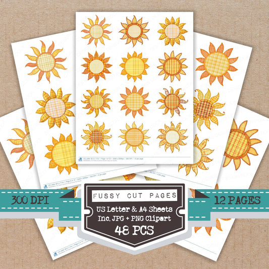 Fabric Sunshine Burst fussy cut printable sheets for junk journaling, scrapbooking, and paper craft projects