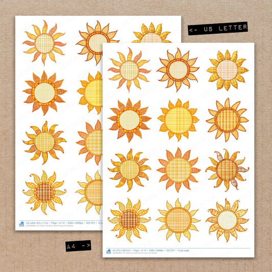 A4 and US Letter format comparison showing Fabric Sunshine Burst fussy cut pages for print and cut crafting
