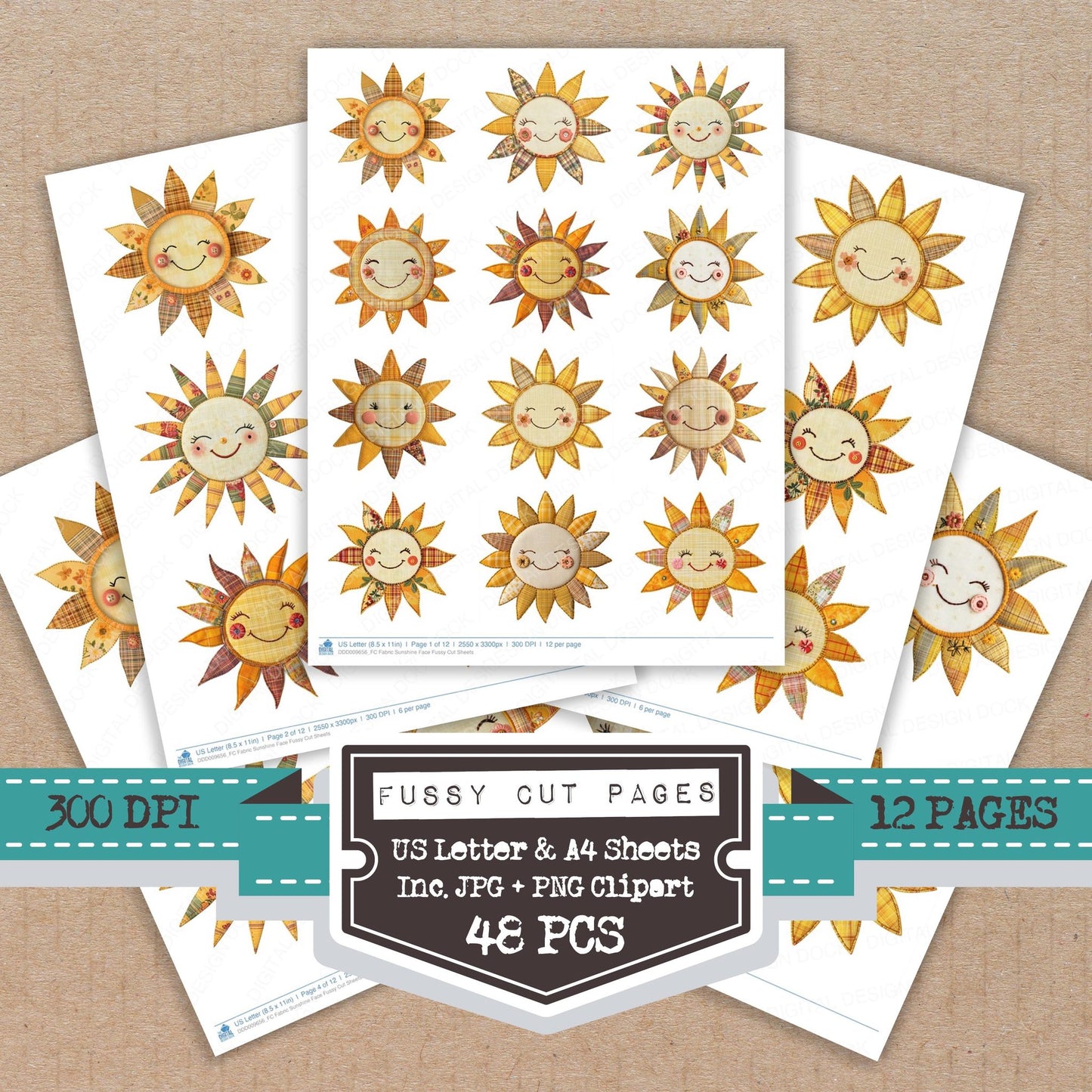 Fabric Sunshine Face fussy cut printable sheets for junk journaling, scrapbooking, and paper craft projects