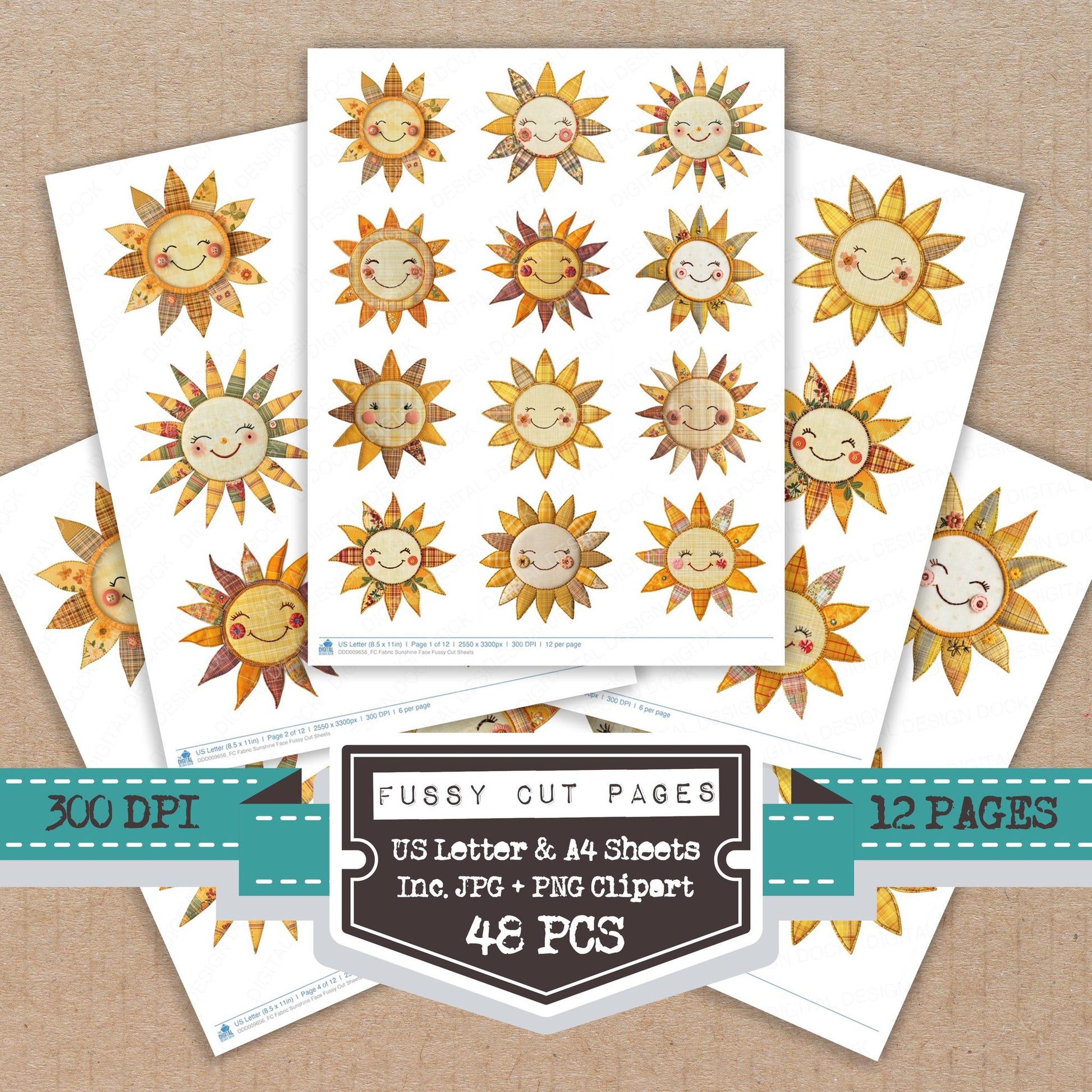 Fabric Sunshine Face fussy cut printable sheets for junk journaling, scrapbooking, and paper craft projects