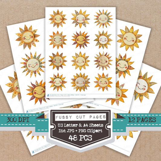 Fabric Sunshine Face fussy cut printable sheets for junk journaling, scrapbooking, and paper craft projects